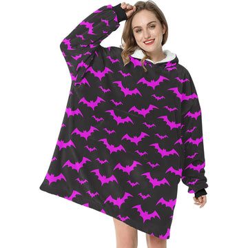 Pink and Dark Grey Bat Print Spooky Blanket Hoodie Pajamas,TS-L-924