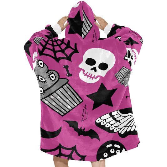 Pink Spooky Halloween Print Blanket Hoodie Pajamas,TS-L-928