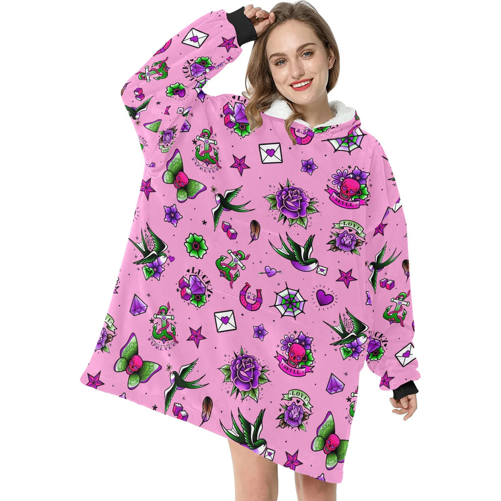 Pink Retro Tattoo Print Blanket Hoodie Pajamas,TS-L-929